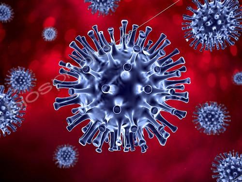 Biosphoto | 2476135 | 3D illustration of a blue colored coronavirus on a red background. | &copy; Leonello Calvetti / Stocktrek Images / Biosphoto