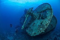 Biosphoto | 2544081 | 40MM anti-aircraft machine gun on SS Thistlegorm wreck a British cargo steamship built in North East England in 1940 and sunk by German bomber aircraft in 1941. Near Ras Mohammed, Sinai Peninsula, Red Sea, Egypt | &copy; Franco Banfi / Biosphoto