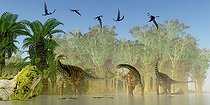 Biosphoto | 2473020 | A flock of Dorygnathus reptiles fly over a herd of Spinophorosaurus sauropod dinosaurs in a Jurassic swamp. | &copy; Corey Ford / Stocktrek Images / Biosphoto