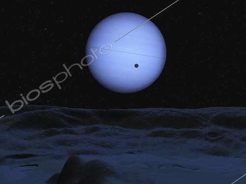 Biosphoto | 2484510 | A full Neptune washes Triton's frozen surface with an indigo light, the only source of illumination on this now Triton's dark side. Fortuitous alignment of the Sun, Triton and Neptune causes this satellite's shadow to fall on Neptune's distant cloud tops 220 thousand miles away. This view is from within a deep, crater-like depression on Triton's northern hemisphere. . There are many such crater-like depressions on Triton's northern hemisphere. While these depressions look like impact craters, their similar size and spacing suggest that they were created by some other process. Their origin is still unknown, but may involve local melting and collapse of the icy surface. The scarcity of impact craters suggest that this surface is relatively young by solar system standards, probably less than a few billion years old. The depression in this image is about 15 miles in diameter; the ridge on the horizon is approximately seven miles from the mesa in the foreground. | © Walter Myers / Stocktrek Images / Biosphoto
