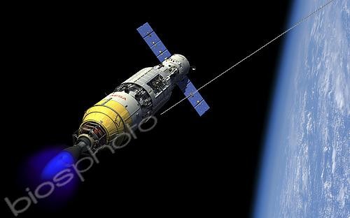 Biosphoto | 2484590 | A manned orbital maintenance platform (OMP) docked with a manned reusable crew capsule (RCC) in low Earth orbit ignites an auxiliary liquid-propellant rocket booster in order to lift it to a far higher Earth orbit for an eventual rendezvous with NASA's James Webb Space Telescope (JWST). At this configuration the spacecraft has a total length of 110 feet with a maximum diameter of 18 feet. | © Walter Myers / Stocktrek Images / Biosphoto