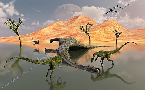 Biosphoto | 2477514 | A pack of carnivorous Dilophosaurus scavaging a free meal in the form of a dead sauropod dinosaur, which died of natural causes back in Earth's Jurassic Era. | &copy; Mark Stevenson / Stocktrek Images / Biosphoto
