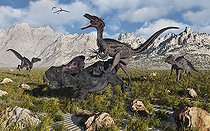 Biosphoto | 2477508 | A pack of carnivorous Velociraptors attacking a lone Protoceratops during Earth's Cretaceous Era. | &copy; Mark Stevenson / Stocktrek Images / Biosphoto