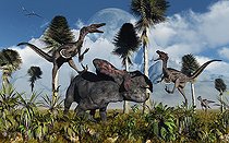 Biosphoto | 2477515 | A pair of carnivorous Velociraptors attacking a lone Protoceratops which stands no chance of surviving this deadly attack. | &copy; Mark Stevenson / Stocktrek Images / Biosphoto