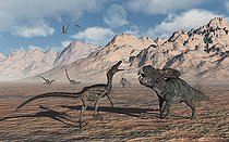 Biosphoto | 2477854 | A predatory Velociraptor stalking a pair of Protoceratops during Earth's Cretaceous period. | &copy; Mark Stevenson / Stocktrek Images / Biosphoto