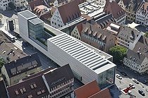Biosphoto | 1607659 | Aerial view from Ulmer Muenster, Ulm Minster, church, Kunsthalle Weishaupt, exhibition gallery, new city centre, Hans-und-Sophie-Scholl-Platz square, Ulm, Baden-Wuerttemberg, Germany, Europe | © Walter G. Allgoewer / imageBROKER / Biosphoto