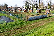 Biosphoto | 2575904 | Allotment garden shelters with rainwater recovery for watering vegetables, Change, Sarthe, Pays de la Loire, France | &copy; Michel Gile / Biosphoto