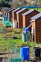 Biosphoto | 2575905 | Allotment garden shelters with rainwater recovery for watering vegetables, Change, Sarthe, Pays de la Loire, France | &copy; Michel Gile / Biosphoto