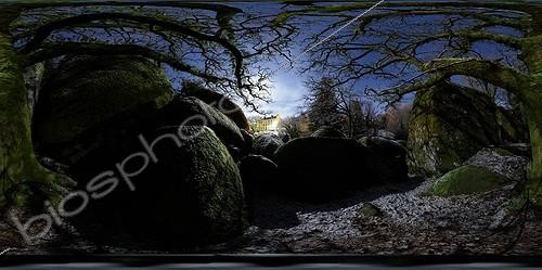 Biosphoto | 1159954 | Big beech tending its branches to Mars ; Among the rocks of Huelgoat granite rock chaos, a large beech tends its branches toward the planet Mars located alongside the full moon that illuminates the landscape. | &copy; Laurent Laveder / Biosphoto