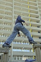 Biosphoto | 1605594 | Boy, 9, playing on a playground in front of a high-rise apartment building, satellite town of Chorweiler in Cologne, North Rhine-Westphalia, Germany, Europe | © Walter G. Allgoewer / imageBROKER / Biosphoto