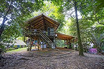 Biosphoto | 2583260 | Camp inselberg, scientific station in the Nouragues nature reserve. Common carbet used as kitchen and office at Camp Inselberg, a convivial space in the middle of the Amazon rainforest - Régina, French Guiana. | &copy; Vincent Premel / Biosphoto
