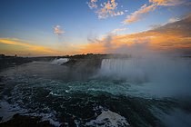 Biosphoto | 2608791 | Canadian side view of Niagara Falls, American Falls, Horseshoe Falls, Niagara River, tourist atractions, casinos, fireworks and boat tours at sunset, Niagara Falls, Ontario, Canada, Drummond, Victoria, Niagara Falls, Ontario, USA | &copy; Stef Ko / imageBROKER / Biosphoto