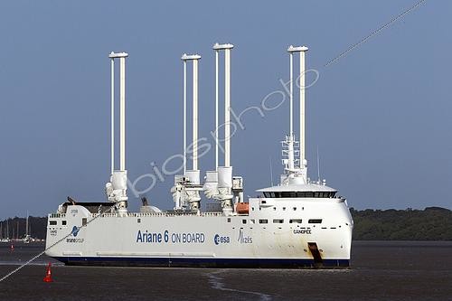 Biosphoto | 2611028 | Canopée arriving at the Pariacabo port in Kourou. Canopée is a hybrid vessel designed to transport Ariane 6 rocket components by sea. | &copy; Nicolas Defaux / Biosphoto