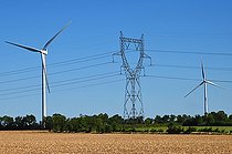 Biosphoto | 2546724 | Champ d’éoliennes en centre Bretagne avec une ligne à haute tension passant à proximité, Cotes-d'Armor, France | &copy; Antoine Lorgnier / Biosphoto