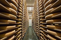 Biosphoto | 2559411 | Comté cheeses, Maturing cellar of the Fruitiere d'Arinthod, Jura, France | &copy; Michel Loup / Biosphoto