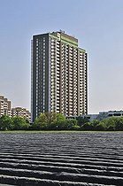 Biosphoto | 1605263 | Covered asparagus fields with KoelnBerg high-rise building at back, social hotspot in the Meschenisch quarter of Cologne, North Rhine-Westphalia, Germany, Europe | © Walter G. Allgoewer / imageBROKER / Biosphoto