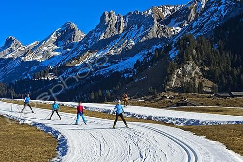 Biosphoto | 2563589 | Cross-country skiers in front of Massif des Aravis, artificial snow, snowless winter, Espace Nordique of Confins, La Clusaz, Savoy, France, Europe | &copy; Guenter Fischer / imageBROKER / Biosphoto