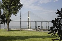 Biosphoto | 1605535 | Cyclists in front of the Vasco da Gama bridge over the Rio Tejo river in the Parque das Nacoes park, site of the Expo 98, Lisbon, Portugal, Europe | © Silvana Guilhermino / imageBROKER / Biosphoto
