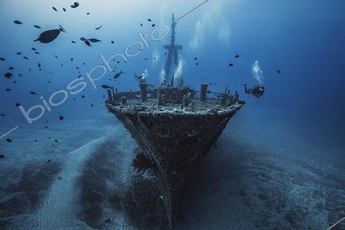Biosphoto | 2091122 | Diver and the wreck of Hai Siang sliding by 55 m deep, Indian Ocean, Reunion | &copy; Gabriel Barathieu / Biosphoto