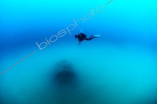 Biosphoto | 2094326 | Diver biologist performing scientific monitoring of an Artificial reef off Valras, Gulf of Lion, Mediterranean, France | &copy; Mathieu Foulquié / Biosphoto