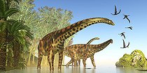Biosphoto | 2471494 | Dorygnathus reptile birds fly close to a Spinophorosaurus dinosaur herd during the Jurassic Period. | &copy; Corey Ford / Stocktrek Images / Biosphoto