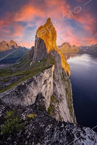 Biosphoto | 2562446 | Dramatic clouds, evening mood, steep mountain Segla, fjord Mefjords with mountains, island Senja, Troms, Norway, Europe *** IMPORTANT: No usage for calendars in the German-speaking countries until 31.12.2024 *** | &copy; Moritz Wolf / imageBROKER / Biosphoto