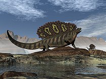 Biosphoto | 2476272 | Edaphosaurus prehistoric animal atop a rock by a stream. | &copy; Elena Duvernay / Stocktrek Images / Biosphoto