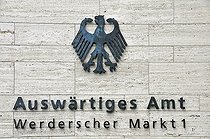 Biosphoto | 1601578 | Federal Eagle and text on a sign for the Auswaertiges Amt or Department for Foreign Affairs at the Aussenministerium or Ministry for Foreign Affairs, Berlin, Germany, Europe | © Walter G. Allgoewer / imageBROKER / Biosphoto