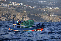 Biosphoto | 2609494 | Fisherman on the north coast of Tenerife. Fishing sector. Shrimp fishing (Plesionika narval) is a professional and artisanal activity carried out from small boats. Traps are placed on the seabed at depths of between 50 and 150 meters, and some fish are caught there. It is practiced year-round, although catches are more abundant in summer. Production is mainly for local consumption. BOAT: El Terror de los Mares. FISHERMAN: Frisco. San Marcos Fishermen's Guild of Icod de los Vinos, Tenerife, Canary Islands. | &copy; Sergio Hanquet / Biosphoto