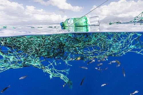 Biosphoto | 2547679 | Ghost fishing nets, fishing nets and plastic bottles floating on the sea, Ocean and sea plastic pollution. Dominica, Caribbean Sea, Atlantic Ocean | &copy; Franco Banfi / Biosphoto
