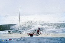 Biosphoto | 1498582 | High waves crashing over the harbor wall and small boats, stormy seas on the Brittany coast, hurricane, Finistere, Brittany, France, Europe | &copy; Karl F. Schoefmann / imageBROKER / Biosphoto