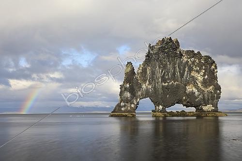 Biosphoto | 2587581 | Hvitserkur rock with the end of a rainbow, Iceland | &copy; Emile Barbelette / Biosphoto