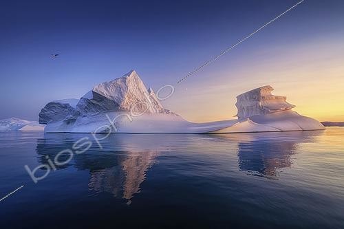 Biosphoto | 2609692 | Icebergs flottants dans les rayons du soleil couchant pendant la nuit polaire, avec des oiseaux. | &copy; Jaroslav Sugarek / imageBROKER / Biosphoto