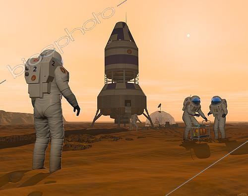 Biosphoto | 2484495 | Illustration of astronauts setting up a base on the Martian surface around their lander vehicle. The first human visitors to Mars would face an environment nearly as hostile as the Earth's Moon. While Mars has an atmosphere, it contains no breathable oxygen and is so thin that the surface air pressure is about the same as the Earth's 18 miles above sea level. To venture outside, humans would need hardy suits that would supply pressure, oxygen, moisture, warmth, and insulate them from the fine martian dust that may be both abrasive and chemically reactive. Even with these precautions, humans would still be vulnerable to radiation from solar storms and the continual rain of interstellar cosmic rays. | © Walter Myers / Stocktrek Images / Biosphoto