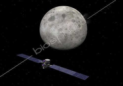 Biosphoto | 2484586 | In this image, the Dawn spacecraft's three xenon electrostatic ion thrusters can be seen emitting ionized xenon's characteristic blue/magenta glow, gently propelling the probe toward the dwarf planet Ceres. While the ion engines have relatively low specific thrust (about equal to the weight of a few sheets of paper), they can operate continuously for long periods making efficient use of the approximately 1,000 pounds of xenon propellant onboard. The wing-like solar arrays produce about 1,300 watts for probe's propulsion and other electrical systems. . While no close-up observations have yet been made of Ceres itself, here it is rendered as appearing similar to a much smaller version of the Earth's Moon, heavily cratered with the addition of surface water ice and hypothesized plumes of ice crystals from water geysers on its surface. . In February 2015 the unmanned Dawn spacecraft is scheduled to arrive at the dwarf planet Ceres. The 65 foot long, 2.5 ton probe was launched from the Earth in 2007, passed Mars in 2009, and went into orbit around the protoplanet Vesta in July 2011 where it stayed until September 2012. Once in orbit around Ceres, Dawn is expected to operate for about a year making observations of this largest object in the asteroid belt. 
 | © Walter Myers / Stocktrek Images / Biosphoto