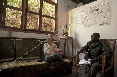 Biosphoto | 59965 | Jane Goodall avec le responsable de recherche sur le Colobe ; Responsable recherche sur le Colobe roux : M. Shadrack. Dans sa maison du Centre de Recherche de Gombe Stream. Jane Goodall, née en 1934 a débuté ses études sur les chimpanzés de Gombe en 1960 | &copy; Michel Gunther / Biosphoto