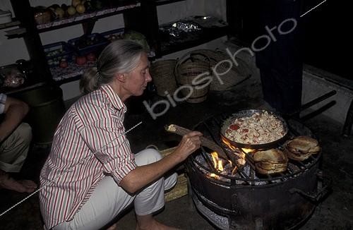 Biosphoto | 59968 | Jane Goodall prépare le dîner au Centre de Gombe Tanzanie ; Dans sa maison du Centre de Recherche de Gombe Stream. Jane Goodall, née en 1934 a débuté ses études sur les chimpanzés de Gombe en 1960 | &copy; Michel Gunther / Biosphoto