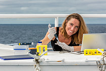 Biosphoto | 2620093 | Julie Poulain Research Engineer in Molecular Biology at the Genoscope (CEA National Sequencing Centre), Julie Poulain participated in the Tara Oceans, Tara Polar Circle and Tara Pacific expeditions where she implemented in situ sampling and sequencing. It is with the next generation sequencer, the Minion, already experienced on Tara, that she takes on the « Pourquoi Pas ? » as part of the collaboration IFREMER / Genoscope for the project « Pourquoi Pas Les Abysses ? ».  Animals leave traces of their passage with DNA fragments that end up in the sediment. Some of the genetic analysis was done on board on the boat. Another part will be done after the return of the campaign ashore. It will take several years to exploit all the data collected.  Collection and preservation of sediment aliquots to extract DNAs. ADNs prepared and adapted for sequencing using nanopores placed on Minion instrument. Extraction of NDA from sediment aliquots. Preparation and adaptation of extracted DNA for MinIon sequencing. The ambitious project « Pourquoi pas les abysses ? » aims to increase knowledge of deep water biodiversity. It will help study on a large scale the marine biodiversity patterns in the deep ocean trenches and will enable progress toward the identification of these lesser-known species. The AMIGO2018 mission between Saint-Pierre-et-Miquelon and Brest is part of a cycle of missions to fuel marine biodiversity inventories. The purpose is to take samples that are then processed to extract the DNA. This allows the new molecular “Barcode” methods to take stock of local species. The Pourquoi Pas ? is an oceanographic research vessel named in homage to the Commandant Charcot. This famous French sailor and oceanographer made his polar expeditions aboard four exploration ships of the same name. Nowadays the Pourquoi Pas ? is part of the deep-sea ships of the IFREMER fleet. The ship is in service since September 27th, 2005. With a length of almost 110 m, this ship enables the IFREMER to lead several missions such as hydrography, cartography and the deployments of exploration submarines like the Nautile. The French Navy borrows the ship 150 days per year. | &copy; Gilles Martin / IFREMER / Biosphoto