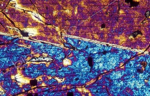 Biosphoto | 117891 | Lame mince de basalte demi-deuil vue en lumière polarisée ; Le basalte demi-deuil est un basalte alcalin avec de grandes baguettes de plagioclases et de pyroxène | &copy; Jean-Claude Louchet / Biosphoto