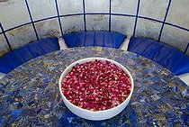 Biosphoto | 1608241 | Lapis table with a bowl of flowers, Devigarh Palace Hotel, near Udaipur, Rajasthan, India, Asia | © Olaf Krueger / imageBROKER / Biosphoto