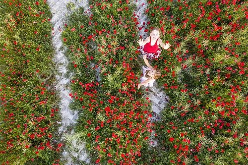 Biosphoto | 2449598 | Little girls in a poppy field, photographed by a drone, spring, Hauts de France, France | &copy; Yann Avril / Biosphoto