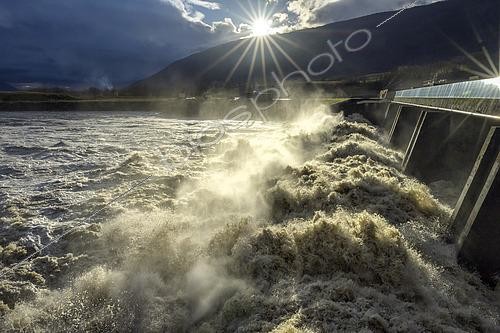 Biosphoto | 2576445 | Major flooding of the Rhône in Savoie. Motz dam in December 2023: heavy rainfall caused the river to flood, regulated by the CNR (Compagnie Nationale du Rhône) reservoirs, run-of-river flow, Chautagne, Haute Savoie, France | &copy; Jean-Philippe Delobelle / Biosphoto