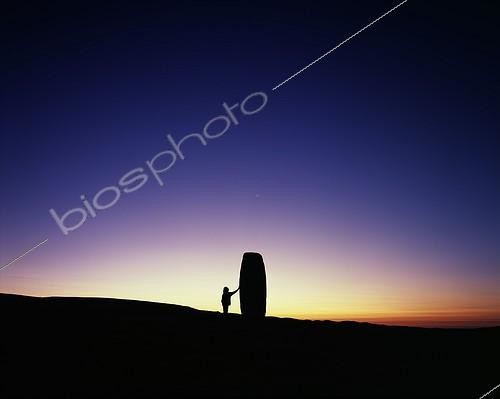 Biosphoto | 174568 | Man and Moon rising close to a menhir Lozere Mount ; Site : menhir of Cham des Bondons, Mount Lozère | &copy; Olivier Sauzereau / Biosphoto