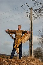 Biosphoto | 2444153 | Man carrying an electrocuted Eagle Owl (Bubo bubo) holding in his talons a Barn Owl (Tyto alba), Vosges du Nord Regional Natural Park, France | &copy; Michel Rauch / Biosphoto