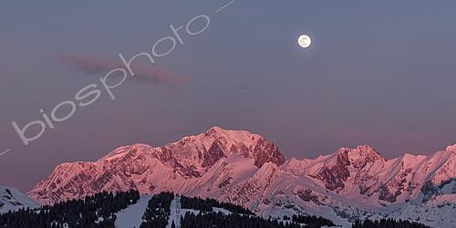Biosphoto | 2624355 | Moonrise over Mont Blanc as the last rays of the sun paint the entire Mont Blanc range in shades of pink, Les Saisies, Haute-Savoie, France. | &copy; Philippe Jacquot / Biosphoto