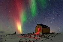 Biosphoto | 2602137 | Northern lights over Cape Swainson cabin, Scoresby Strait, ScoresbySund, Greenland | &copy; Pierre Vernay / Biosphoto