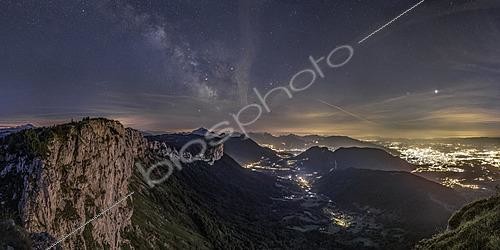 Biosphoto | 2624334 | Parmelan Cliff and Jupiter above Annecy, the Fier Valley in Alex, with the Tournette Pyramid (2352m) in the background, Lake Annecy, featuring the Milky Way. Mont Blanc is visible on the left horizon, and the hamlet of La Blonnière lies at the foot of Parmelan. Haute-Savoie, France. | &copy; Philippe Jacquot / Biosphoto