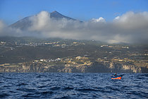 Biosphoto | 2609493 | Pêcheur sur la côte nord de Ténériffe, volcan Teide en arrière-plan. Secteur de la pêche. La pêche à la crevette (Plesionika narval) est une activité professionnelle et artisanale pratiquée à partir de petites embarcations. Des pièges sont placés sur les fonds marins à des profondeurs comprises entre 50 et 150 mètres, et certains poissons y sont capturés. Elle est pratiquée toute l'année, bien que les prises soient plus abondantes en été. La production est principalement destinée à la consommation locale. Bateau : El Terror de los Mares. Pêcheur : Frisco. Guilde des pêcheurs de San Marcos d'Icod de los Vinos, Tenerife, Îles Canaries. | &copy; Sergio Hanquet / Biosphoto