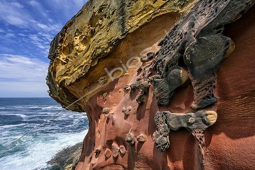 Biosphoto | 2595750 | Polychrome graphics in the Jaizkibel sandstone on Spain's Basque Coast. Remarkable Eocene sandstone structures (geoforms) of partly biological origin (fossilized biological activity) and uncovered by erosion - the yellow discs are  paramoudras , concretions around the burrows of deep-sea marine worms - Jaizkibel coastal massif - Spain | &copy; Jean-Philippe Delobelle / Biosphoto