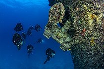 Biosphoto | 2544086 | Rebreathers divers exploring one of the anchor from SS Thistlegorm wreck a British cargo steamship built in North East England in 1940 and sunk by German bomber aircraft in 1941. Near Ras Mohammed, Sinai Peninsula, Red Sea, Egypt | &copy; Franco Banfi / Biosphoto